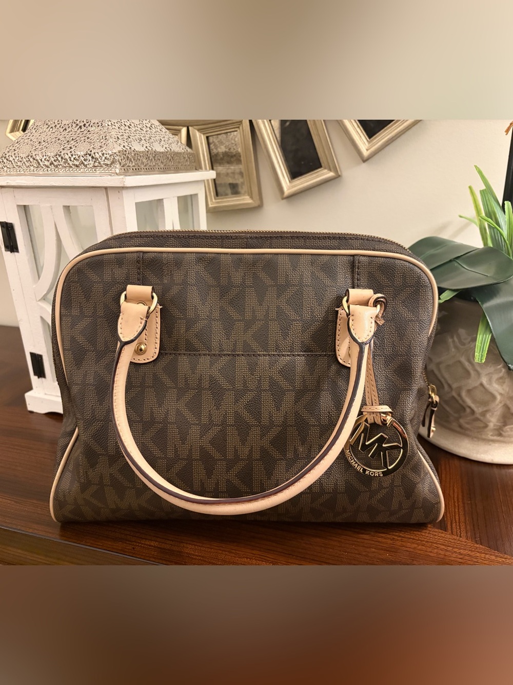 Michael Kors Brown MK Logo Satchel with Pale Pink Trim